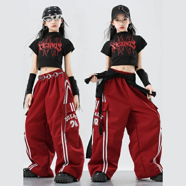 樂天商城 - 黒赤レッドブラック オーバーサイズ キャップ男女兼用 ロングパンツ キッズ ダンス衣装 ヒップホップ 女の子用 ジャズダンス セットアップ 子供服 トップス k-pop 衣装 jazz hiphopファッション 練習着 ガールズ 上下セット ジュニア K-POP 韓国 ダンスウェア ユニフォーム