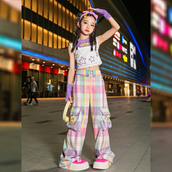 ピンク ラベンダー 白 星柄女の子用ホワイト オーバーサイズ キャップロングパンツ キッズダンス衣装 ヒップホップ 女の子用 ジャズダンス セットアップ 子供服 トップス k-pop 衣装 jazz hiphopファッション 練習着 ガールズ 上下セット ジュニア K-POP 韓国 ダンスウェア