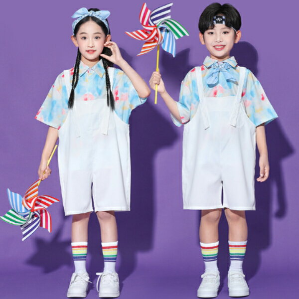 乐天商城 - ホワイト水色レインボーチュチュスカート水玉柄青ブルー男の子女の子 サロペット キッズ ダンス衣装 ヒップホップ 女の子用 ジャズダンス セットアップ 子供服 トップス k-pop 衣装 jazz hiphopファッション 練習着 ガールズ 上下セット ジュニア K-POP 韓国 ダンスウェア