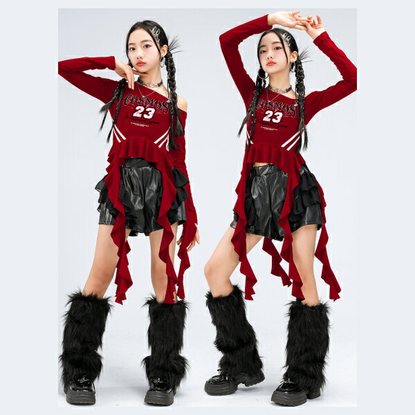黒赤 ブラックレッド PU ファーレッグウォーマー団体衣装 文化祭ショートパンツ キッズ ダンス衣装 ヒップホップ 女の子用 ジャズダンス セットアップ 子供服 トップス k-pop 衣装 jazz hiphopファッション 練習着 ガールズ 上下セット ジュニア K-POP 韓国 ダンスウェア
