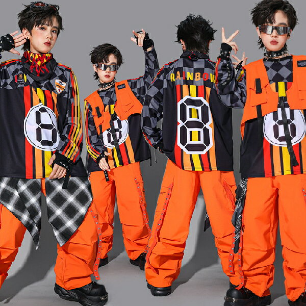 黒白オレンジロングパンツ男の子 女の子用 ショートパンツ キャップ ロングパンツ キッズ ダンス衣装 ヒップホップ 女の子用 ジャズダンス セットアップ 子供服 トップス k-pop 衣装 jazz hiphopファッション 練習着 ガールズ 上下セット ジュニア K-POP 韓国 ダンスウェア