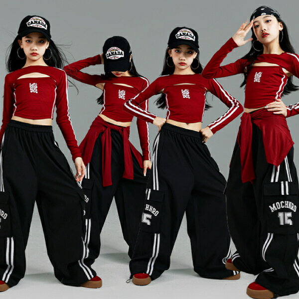 黒赤レッド ロングパンツ 男の子 女の子用 ショートパンツ キャップ ロングパンツ キッズ ダンス衣装 ヒップホップ 女の子用 ジャズダンス セットアップ 子供服 トップス k-pop 衣装 jazz hiphopファッション 練習着 ガールズ 上下セット ジュニア K-POP 韓国 ダンスウェア