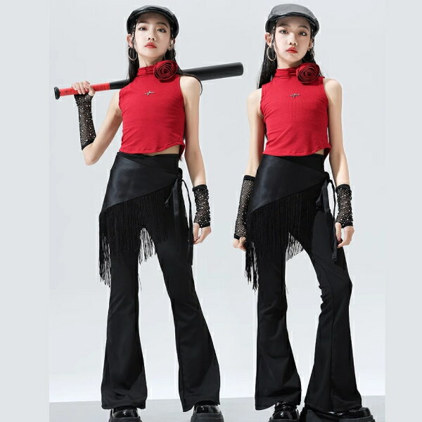 黒赤レッド ロングパンツ 女の子用 ラッパパンツ キャップ ロングパンツ キッズ ダンス衣装 ヒップホップ 女の子用 ジャズダンス セットアップ 子供服 トップス k-pop 衣装 jazz hiphopファッション 練習着 ガールズ 上下セット ジュニア K-POP 韓国 ダンスウェア