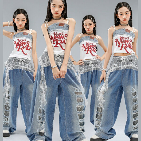 白赤青ブルーレッドデニムパンツ ロングパンツ 女の子用 キャップ ロングパンツ キッズ ダンス衣装 ヒップホップ 女の子用 ジャズダンス セットアップ 子供服 トップス k-pop 衣装 jazz hiphopファッション 練習着 ガールズ 上下セット ジュニア K-POP 韓国 ダンスウェア