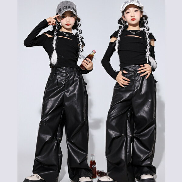 黒ブラック 長袖無地 トップス ロングパンツ 女の子用 PU メタリック キッズ ダンス衣装 ヒップホップ 女の子用 ジャズダンス セットアップ 子供服 トップス k-pop 衣装 jazz hiphopファッション 練習着 ガールズ 上下セット ジュニア K-POP 韓国 ダンスウェア