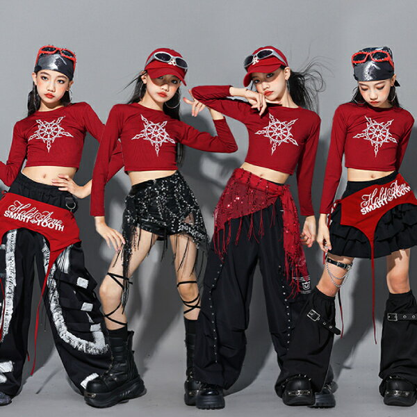 乐天商城 - 黒赤 ブラックレッドロングパンツ 女の子用 ショートパンツ キャップ ロングパンツ キッズ ダンス衣装 ヒップホップ 女の子用 ジャズダンス セットアップ 子供服 トップス k-pop 衣装 jazz hiphopファッション練習着 ガールズ 上下セット ジュニア K-POP 韓国 ダンスウェア