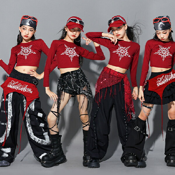 乐天商城 - 黒赤 ブラックレッドロングパンツ 女の子用 ショートパンツ キャップ ロングパンツ キッズ ダンス衣装 ヒップホップ 女の子用 ジャズダンス セットアップ 子供服 トップス k-pop 衣装 jazz hiphopファッション練習着 ガールズ 上下セット ジュニア K-POP 韓国 ダンスウェア
