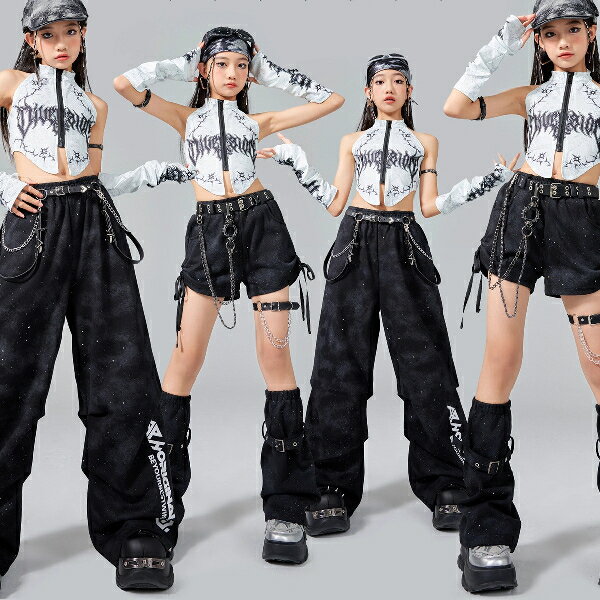 樂天商城 - 黒白 シルバー メタリック ロングパンツ 女の子用 ショートパンツ ロングパンツ キッズ ダンス衣装 ヒップホップ 女の子用 ジャズダンス セットアップ 子供服 トップス k-pop 衣装 jazz hiphopファッション練習着 ガールズ 上下セット ジュニア K-POP 韓国 ダンスウェア