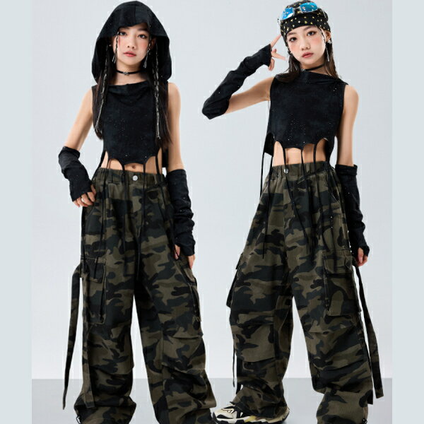 乐天商城 - 黒 カーキ 迷彩柄ブラック ロングパンツ 女の子用 ショートパンツ ロングパンツ キッズ ダンス衣装 ヒップホップ 女の子用 ジャズダンス セットアップ 子供服 トップス k-pop 衣装 jazz hiphopファッション練習着 ガールズ 上下セット ジュニア K-POP 韓国 ダンスウェア