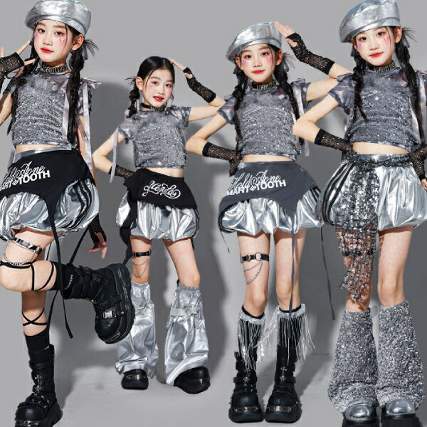 乐天商城 - 黒白 シルバー スパンコールメタリック PU ショートパンツ 女の子用 ミニスカート キッズ ダンス衣装 ヒップホップ 女の子用 ジャズダンス セットアップ 子供服 トップス k-pop 衣装 jazz hiphopファッション練習着 ガールズ 上下セット ジュニア K-POP 韓国 ダンスウェア