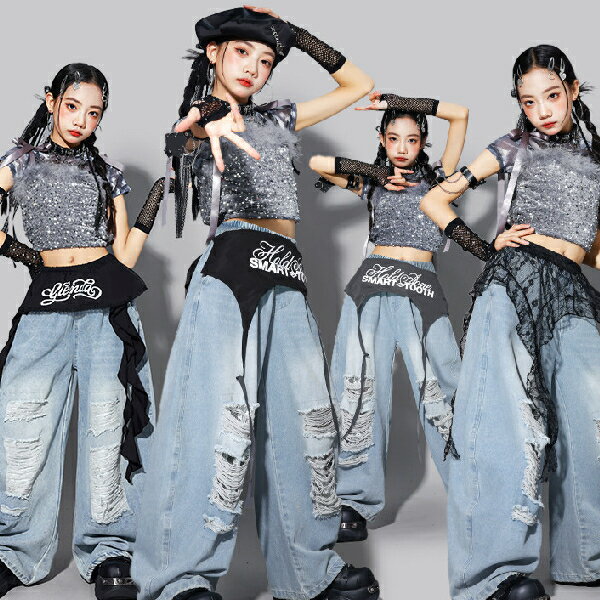 乐天商城 - 黒白 シルバー ブラック ブルー デニム生地 ロングパンツ スパンコール 女の子用 キッズ ダンス衣装 ヒップホップ 女の子用 ジャズダンス セットアップ 子供服 トップス k-pop 衣装 jazz hiphopファッション練習着 ガールズ 上下セット ジュニア K-POP 韓国 ダンスウェア