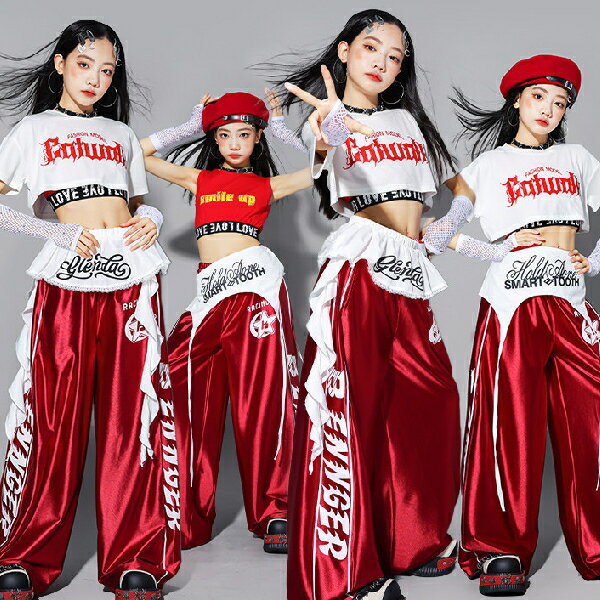 樂天商城 - 赤白 ホワイトレッドメタリックPU 光沢あり ロングパンツ スパンコール 女の子用 キッズ ダンス衣装 ヒップホップ 女の子用 ジャズダンス セットアップ 子供服 トップス k-pop 衣装 jazz hiphopファッション練習着 ガールズ 上下セット ジュニア K-POP 韓国 ダンスウェア