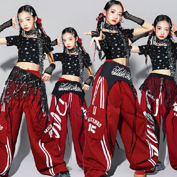 乐天商城 - 赤黒白 レットブラックホワイト星柄 へそ出し ロングパンツ スパンコール 女の子用 キッズ ダンス衣装 ヒップホップ 女の子用 ジャズダンス セットアップ 子供服 トップス k-pop 衣装 jazz hiphopファッション練習着 ガールズ 上下セット ジュニア K-POP 韓国 ダンスウェア