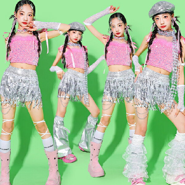 乐天商城 - ピンク シルバー スパンコール 白 へそ出し ロングパンツ スパンコール 女の子用 キッズ ダンス衣装 ヒップホップ 女の子用 ジャズダンス セットアップ 子供服 トップス k-pop 衣装 jazz hiphopファッション練習着 ガールズ 上下セット ジュニア K-POP 韓国 ダンスウェア