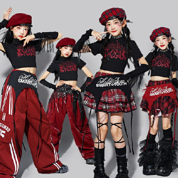 乐天商城 - 赤黒白 レットブラックホワイト星柄 へそ出し ロングパンツ スパンコール 女の子用 キッズ ダンス衣装 ヒップホップ 女の子用 ジャズダンス セットアップ 子供服 トップス k-pop 衣装 jazz hiphopファッション練習着 ガールズ 上下セット ジュニア K-POP 韓国 ダンスウェア