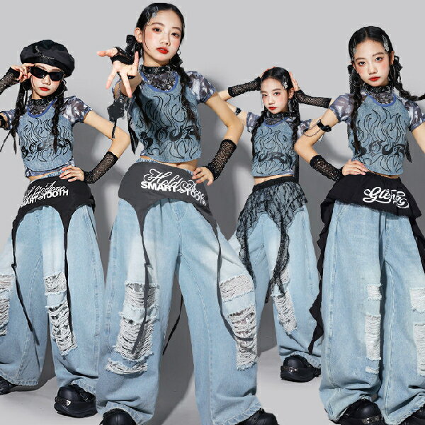 樂天商城 - 黒白グレー 青 ブルー デニム生地 へそ出し ロングパンツ スパンコール 女の子用 キッズ ダンス衣装 ヒップホップ 女の子用 ジャズダンス セットアップ 子供服 トップス k-pop 衣装 jazz hiphopファッション練習着 ガールズ 上下セット ジュニア K-POP 韓国 ダンスウェア