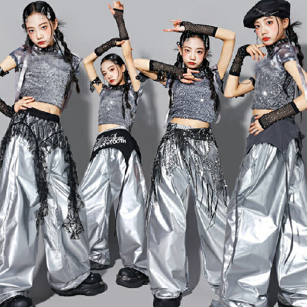 乐天商城 - 黒 グレーシルバー メタリック へそ出し ロングパンツ スパンコール 女の子用 キッズ ダンス衣装 ヒップホップ 女の子用 ジャズダンス セットアップ 子供服 トップス k-pop 衣装 jazz hiphopファッション練習着 ガールズ 上下セット ジュニア K-POP 韓国 ダンスウェア