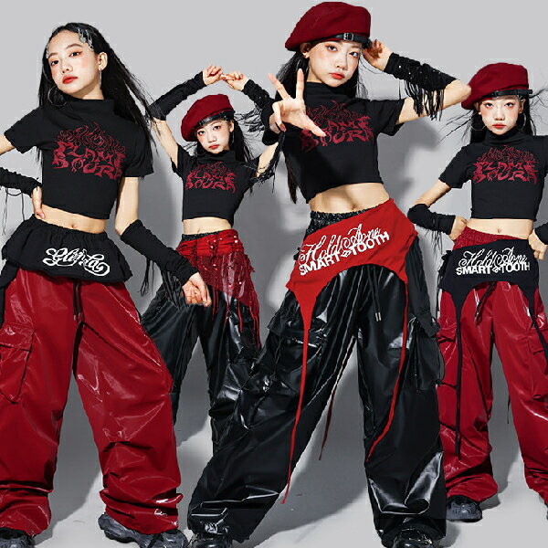 乐天商城 - 赤黒 ブラックレッド メタリックPUへそ出し ロングパンツ スパンコール 女の子用 キッズ ダンス衣装 ヒップホップ 女の子用 ジャズダンス セットアップ 子供服 トップス k-pop 衣装 jazz hiphopファッション練習着 ガールズ 上下セット ジュニア K-POP 韓国 ダンスウェア