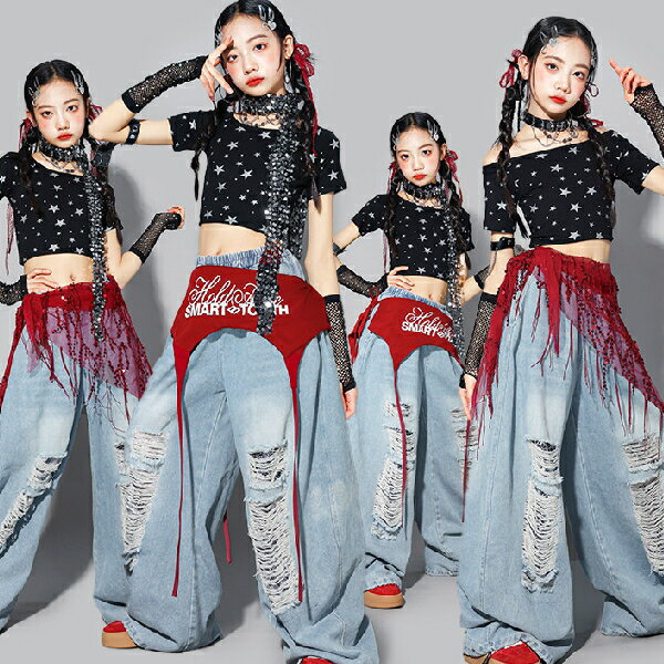 乐天商城 - 赤黒 ブラックレッド 青デニム生地 へそ出し ロングパンツ スパンコール 女の子用 キッズ ダンス衣装 ヒップホップ 女の子用 ジャズダンス セットアップ 子供服 トップス k-pop 衣装 jazz hiphopファッション練習着 ガールズ 上下セット ジュニア K-POP 韓国 ダンスウェア