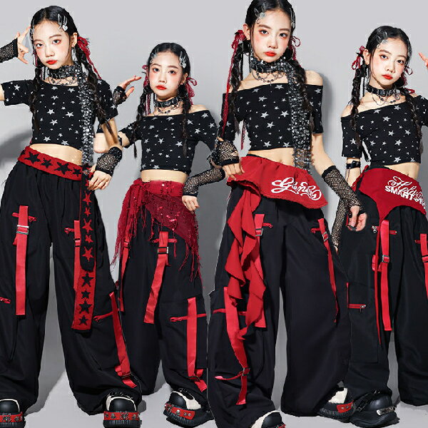 乐天商城 - 赤黒 ブラックレッド星柄 レース へそ出し ロングパンツ スパンコール 女の子用 キッズ ダンス衣装 ヒップホップ 女の子用 ジャズダンス セットアップ 子供服 トップス k-pop 衣装 jazz hiphopファッション練習着 ガールズ 上下セット ジュニア K-POP 韓国 ダンスウェア