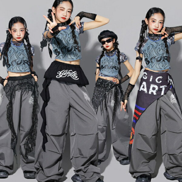 樂天商城 - 赤グレー ブラック白 青デニム生地 へそ出し ロングパンツ スパンコール 女の子用 キッズ ダンス衣装 ヒップホップ 女の子用 ジャズダンス セットアップ 子供服 トップス k-pop 衣装 jazz hiphopファッション練習着 ガールズ 上下セット ジュニア K-POP 韓国 ダンスウェア