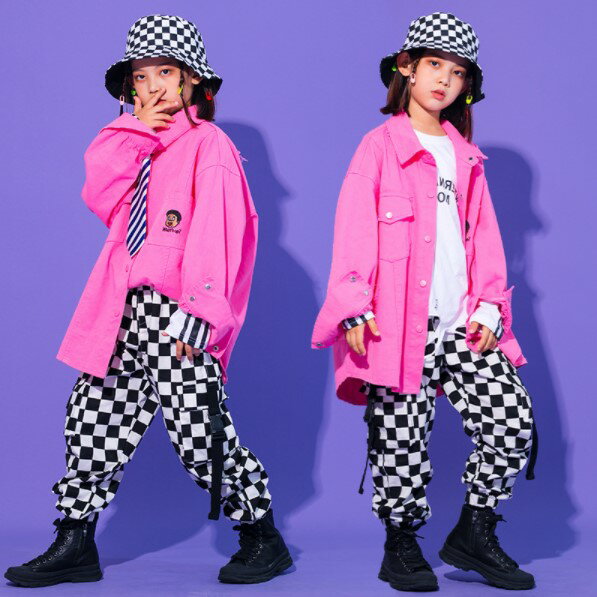乐天商城 - ピンク 白 黒 チェック柄 キッズダンス衣装　ヒップホップ セットアップ 男女兼用 男の子 女の子 ガールズ　上下セット 110 120 130 140 150 160 170 180　ステージ　ジュニア　HIPHOP　舞台 ステージ イベント発表会 保育園小学校中学校学園祭体操 練習着演出