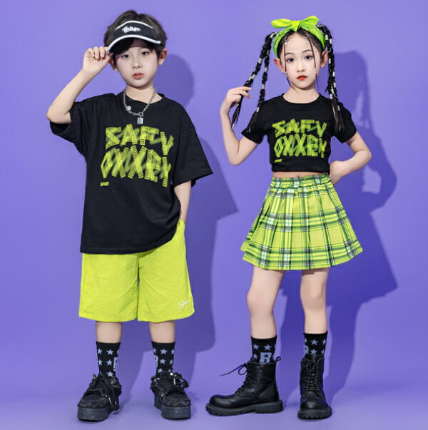 乐天商城 - 黒黄緑ブラック キッズ ダンス衣装 ヒップホップ ジャズ 女の子 ジャズダンス セットアップ キッズ チア 子供服 ヘソ出し フードトップス スカート パンツ k-pop 衣装 jazz hiphop キッズファッション 練習着 おしゃれ男の子 ガールズ 上下セット ジュニア K-POPダンスウェア