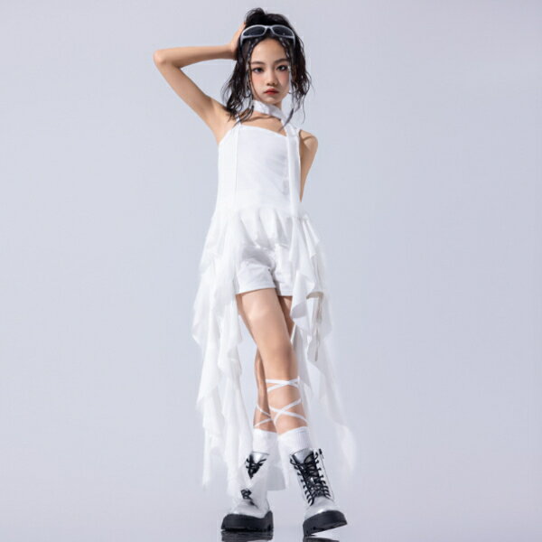 樂天商城 - 白 ダメージ仕様 ホワイトフード付 ステージ衣装 キッズ ダンス衣装 ヒップホップ ジャズ 女の子 ジャズダンス セットアップ チア 子供服 ヘソ出し トップス パンツ k-pop jazz hiphop ファッション 練習着 ガールズ 上下セット ジュニア K-POP 韓国 ダンスウェア 団体演出