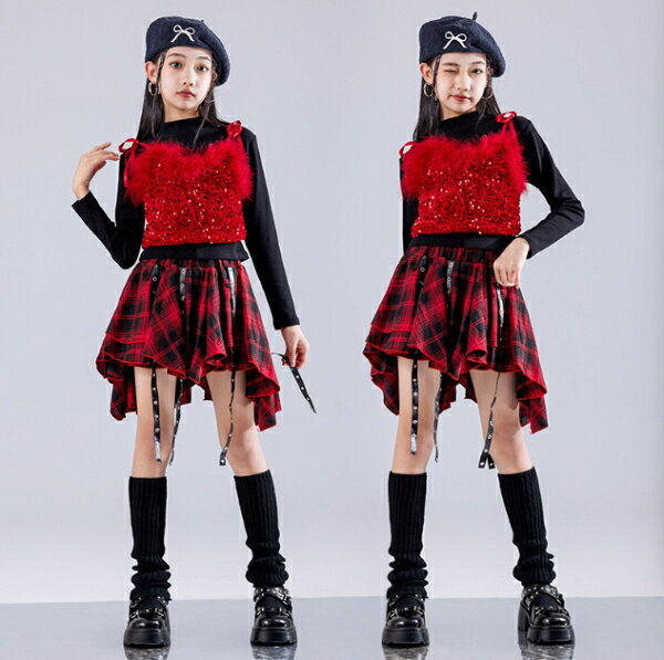 乐天商城 - 黒 赤 ファー付 キラキラ ステージ衣装 キッズ ダンス衣装 ヒップホップ ジャズ 女の子 ジャズダンス セットアップ チア 子供服 ヘソ出し トップス スカート k-pop 衣装 jazz hiphop ファッション 練習着 ガールズ 上下セット ジュニア K-POP 韓国 ダンスウェア 団体演出