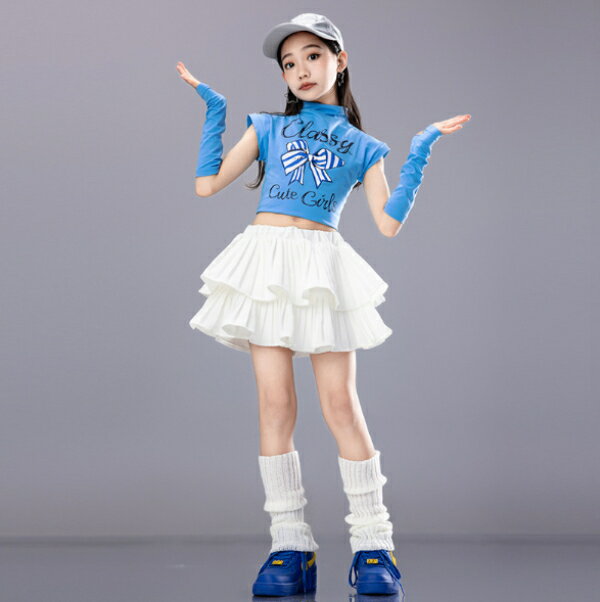 乐天商城 - ブルー青 白 リボン ステージ衣装 キッズ ダンス衣装 ヒップホップ ジャズ 女の子 ジャズダンス セットアップ キッズ チア 子供服 ヘソ出し トップス スカート パンツ k-pop 衣装 jazz hiphop ファッション 練習着 ガールズ 上下セット ジュニア K-POP 韓国 ダンスウェア