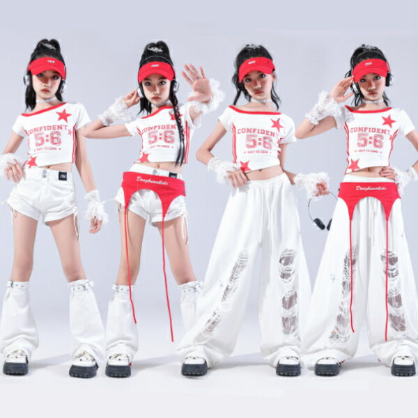 乐天商城 - 赤 白 レッグウォーマー キッズ ダンス衣装 ヒップホップ ジャズ 女の子 ジャズダンス セットアップ キッズ 子供服 ヘソ出し トップス スカート パンツ k-pop 衣装 jazz hiphopファッション 練習着 おしゃれ ガールズ 上下セット ジュニア K-POP 韓国 ダンスウェア