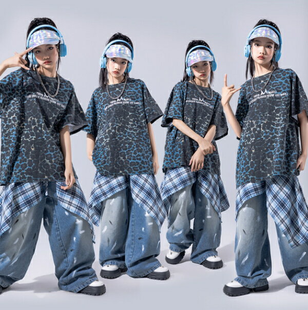 乐天商城 - 青 グレー紺 ヒョウ柄 デニム ステージ衣装 キッズ ダンス衣装 ヒップホップ 女の子 ジャズダンス セットアップ キッズ チア 子供服 ヘソ出し トップス スカート パンツ k-pop 衣装 jazz hiphop ファッション 練習着 ガールズ 上下セット ジュニア K-POP 韓国 ダンスウェア