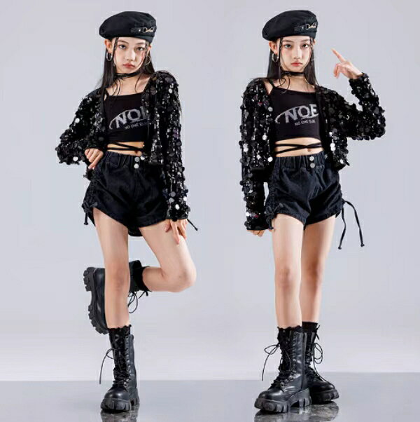 樂天商城 - 黒 シフォン キラキラ　PU　ステージ衣装 キッズ ダンス衣装 ヒップホップ ジャズ 女の子 ジャズダンス セットアップ チア 子供服 ヘソ出し トップス パンツ k-pop jazz hiphop ファッション 練習着 ガールズ 上下セット ジュニア K-POP 韓国 ダンスウェア 団体演出