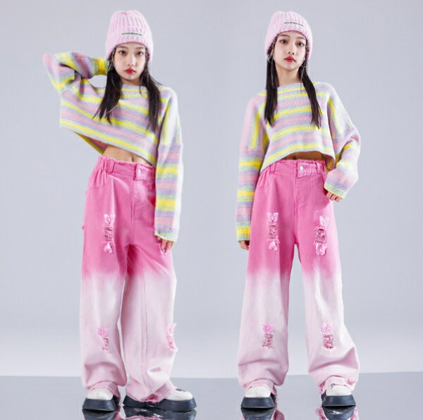 乐天商城 - 白 ピンク イエロー デニム ステージ衣装 キッズ ダンス衣装 ヒップホップ ジャズ 女の子 ジャズダンス セットアップ キッズ チア 子供服 ヘソ出し トップス パンツ k-pop 衣装 jazz hiphop ファッション 練習着 ガールズ 上下セット ジュニア K-POP 韓国 ダンスウェア
