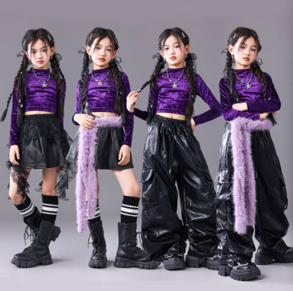 乐天商城 - 紫 黒 PU レザー ファーステージ衣装 キッズ ダンス衣装 ヒップホップ ジャズ 女の子 ジャズダンス セットアップ キッズ チア 子供服 ヘソ出し トップス スカート パンツ k-pop 衣装 jazz hiphop ファッション 練習着 ガールズ 上下セット ジュニア K-POP 韓国 ダンスウェア