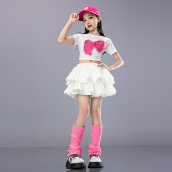乐天商城 - ピンク 白 リボン ステージ衣装 キッズ ダンス衣装 ヒップホップ ジャズ 女の子 ジャズダンス セットアップ キッズ チア 子供服 ヘソ出し トップス スカート パンツ k-pop 衣装 jazz hiphop ファッション 練習着 ガールズ 上下セット ジュニア K-POP 韓国 ダンスウェア