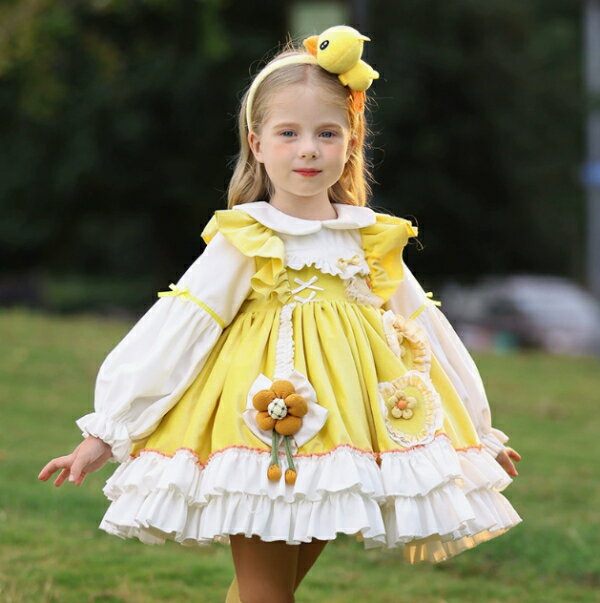 ロリータ-黄色と青の魔法のドレス 女性のための日本のロリータレースドレス,女性のためのコルセット,弓