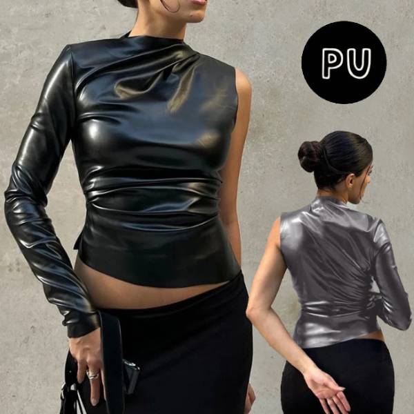 乐天商城 - ダンス衣装　PUトップス　ワンショルダー　Tシャツ　長袖　カットソー【PU合革 レーザー フェイクレザー】団体衣装 ブラック　大人用　ダンス衣装　 レディース　JAZZ K-POP　チアダンス　イベント　文化祭ジャズダンス 高校生　レッスン着タンクトップ　メタリックエメラル