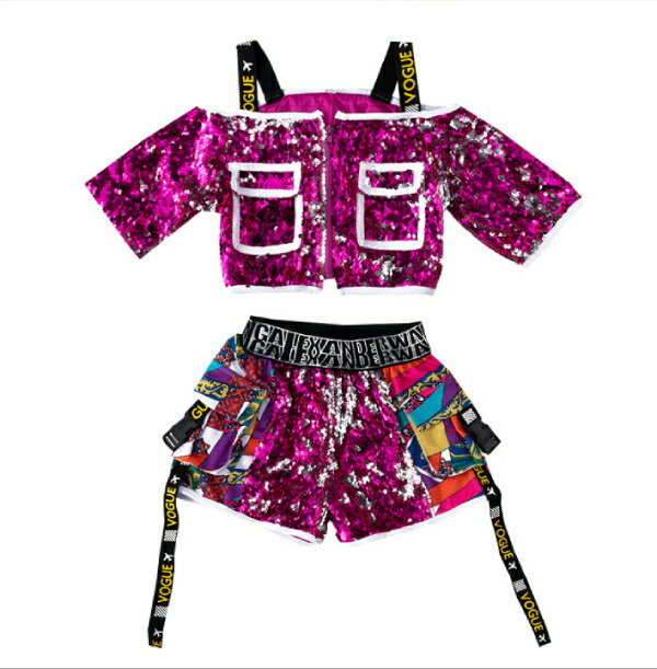 スパンコールダンス衣装・ピンク色【7サイズ】ジャケット　タンクトップ　ショートパンツ　マント　セットアップ キッズ ダンス衣装 子供 男の子　女の子　ステージ　ジュニア　ヒップホップ　HIPHOP キッズダンス　ボトムス　トップス
