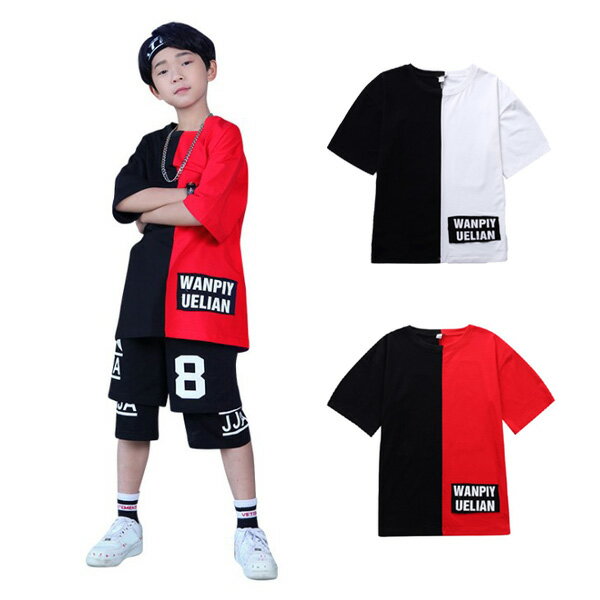 楽天TAKE-shop黒白/黒赤　Tシャツ【ゆうパケット便送料無料】カットソーキッズ ダンス衣装 子供 男の子　女の子　お遊戯会　クリスマス　音楽会　発表会　ステージ　ステージ　ジュニア　ヒップホップ　HIPHOP キッズダンス トップス