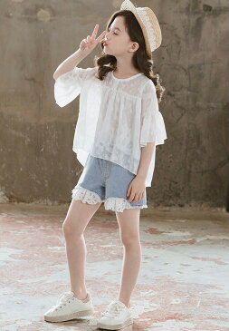 デニム ダメージ ショートパンツ 【ゆうパケット便送料無料・ポスト投函】女の子 キッズ 子供 こども 半ズボン ハーフパンツ ジュニア 女の子 子供服 ガールズ ハーフパンツ ジーンズ