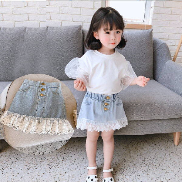 デニム　ミニスカート レース付スカート【ゆうパケット便送料無料・ポスト投函】女の子　キッズ　子供 ..