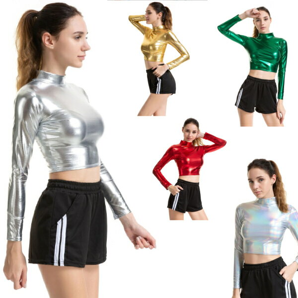乐天商城 - 長袖　Tシャーツ　トップス　【5色・5サイズ】メタリック　エナメル　ダンス衣装 　女性用　ヒップホップ 衣装 キッズダンス レッスン着 ジャズダンス 　ボトムス　輝く 舞台演出　ダンス衣装　お遊戯会　クリスマス　音楽会　発表会