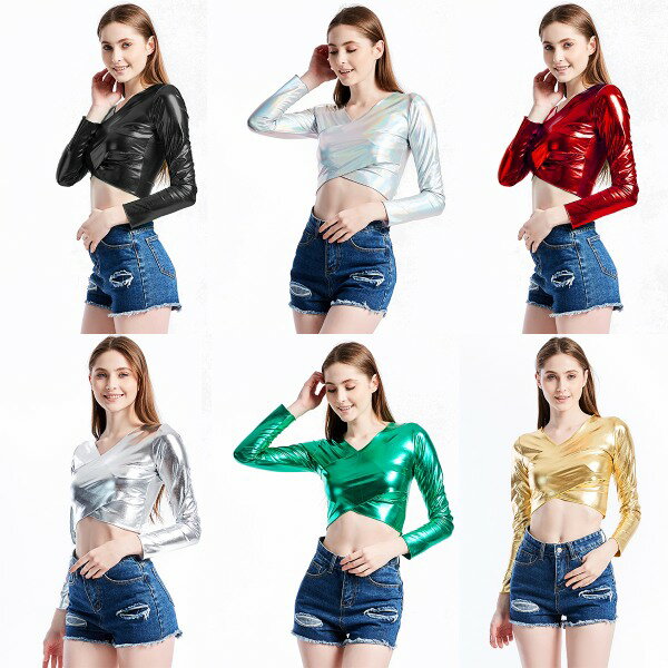 乐天商城 - 長袖トップス　カットソー　Tシャツ【6色・5サイズ】ショート　子供　大人　メタリック　エナメル　　トップス　ダンス衣装 　女性用　ヒップホップ 衣装 キッズダンス レッスン着 ジャズダンス 　ボトムス　輝く 舞台演出　ダンス衣装　お遊戯会　クリスマス　音楽会発表会