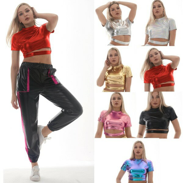 樂天商城 - 半袖　ショート　Tシャーツ　トップス【7色・5サイズ】メタリック　エナメル　ダンス衣装 　女性用　ヒップホップ 衣装 キッズダンス レッスン着 ジャズダンス 　ボトムス　輝く 舞台演出　ダンス衣装　お遊戯会　クリスマス　音楽会　発表会