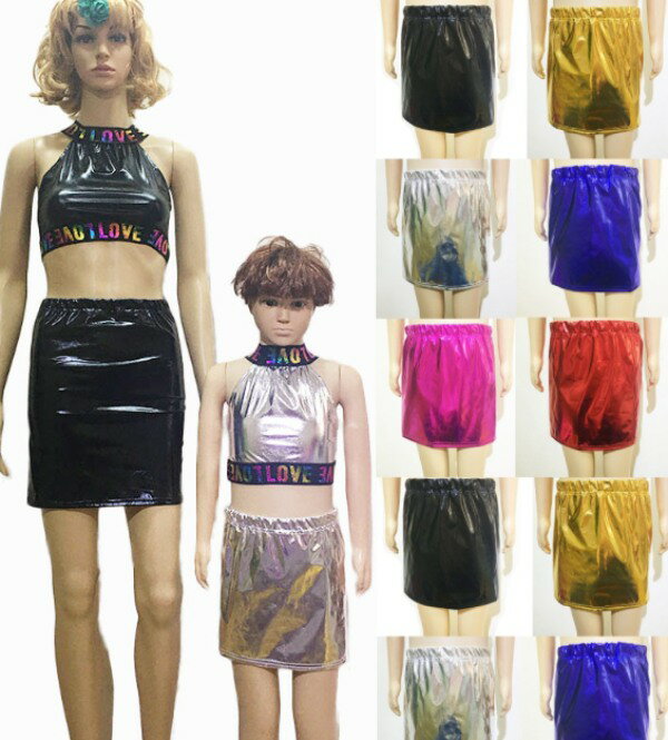 メタリック　ショート　スカート【6色】　子供　大人　エナメル　ダンス衣装 　男女兼用　ヒップホップ 衣装 キッズダンス レッスン着 ジャズダンス 　ボトムス　輝く 舞台演出　ダンス衣装　お遊戯会　クリスマス　音楽会　発表会