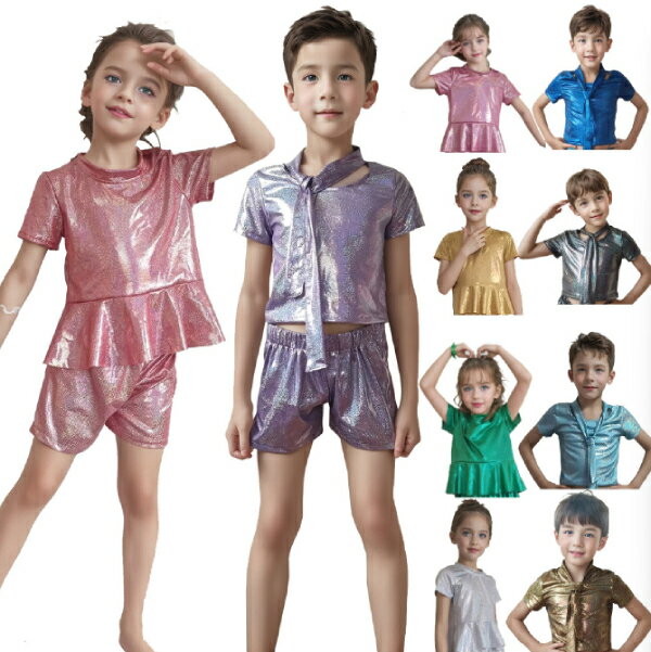 樂天商城 - 半袖Tシャツ　カットソー 　ネクタイ　 トップス　 ホログラム加工メタリック【7色】子供　大人　エナメル　ダンス衣装 キッズダンス レッスン着 ジャズダンス 　輝く 舞台演出　ダンス衣装　お遊戯会　クリスマス　音楽会発表会　ラメ入り