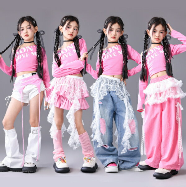 樂天商城 - ピンク 白 青 デニム レースレッグウォーマー キッズ ダンス衣装 ヒップホップ 女の子 ジャズダンス セットアップ キッズ 子供服 ヘソ出し トップス パンツ k-pop 衣装 jazz hiphopファッション 練習着 おしゃれ ガールズ 上下セット ジュニア K-POP 韓国 ダンスウェア
