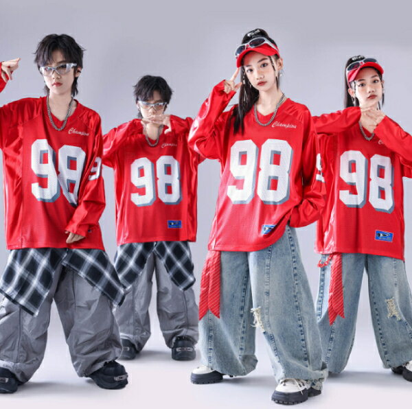 乐天商城 - 98番 赤 デニム ブルー グレー チェック柄 男女兼用 キッズ ダンス衣装 ヒップホップ 女の子 セットアップ キッズ 子供服 トップス パンツ k-pop 衣装 jazz hiphopファッション 練習着 おしゃれ ガールズ 上下セット ジュニア K-POP 韓国 ダンスウェア ユニフォーム