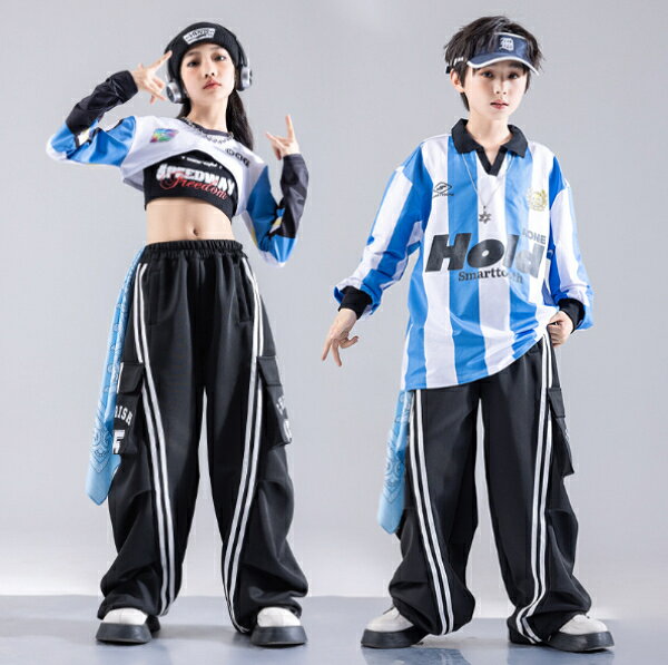 乐天商城 - 水色 ブルー 青 白 ストライプ柄 スポーツウエア 男女兼用キッズ ダンス衣装 ヒップホップ 女の子 セットアップ キッズ 子供服 トップス パンツ k-pop 衣装 jazz hiphopファッション 練習着 おしゃれ ガールズ 上下セット ジュニア K-POP 韓国 ダンスウェア ユニフォーム